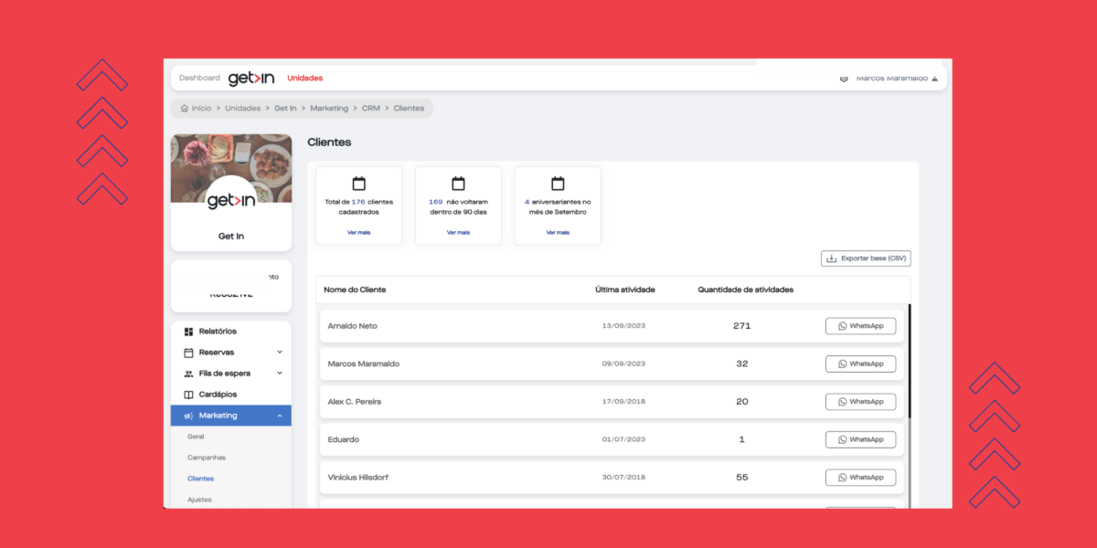 Fundo vermelho e uma tela de dashboard do aplicativo Get In com gráficos e relatórios.