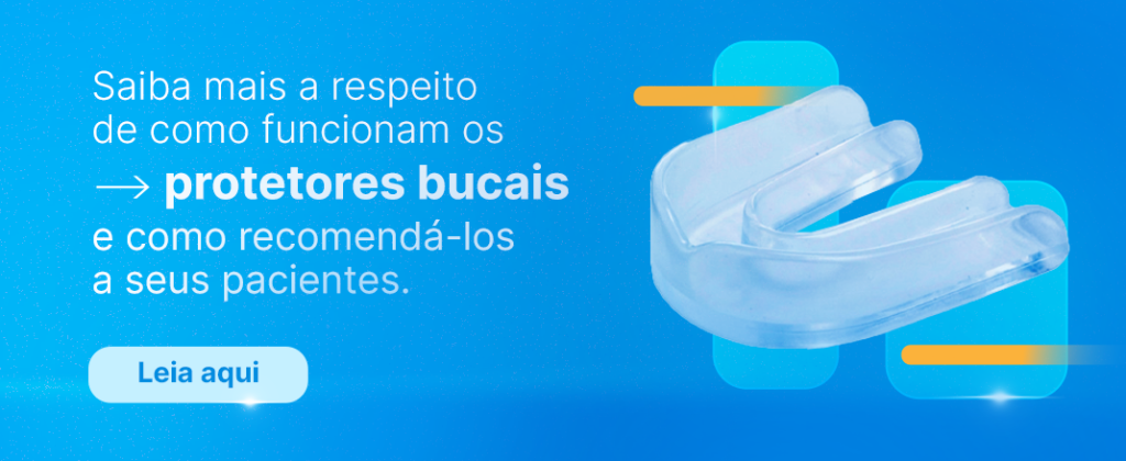 Texto informativo sobre protetores bucais e a recomendação para pacientes, com botão "Leia aqui" em destaque.