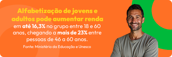 Alfabetização de jovens e adultos pode aumentar renda em até 16,3% no grupo entre 18 e 60 anos, chegando a mais de 23% entre pessoas de 46 a 60 anos.

Fonte: Ministério da Educação e Unesco